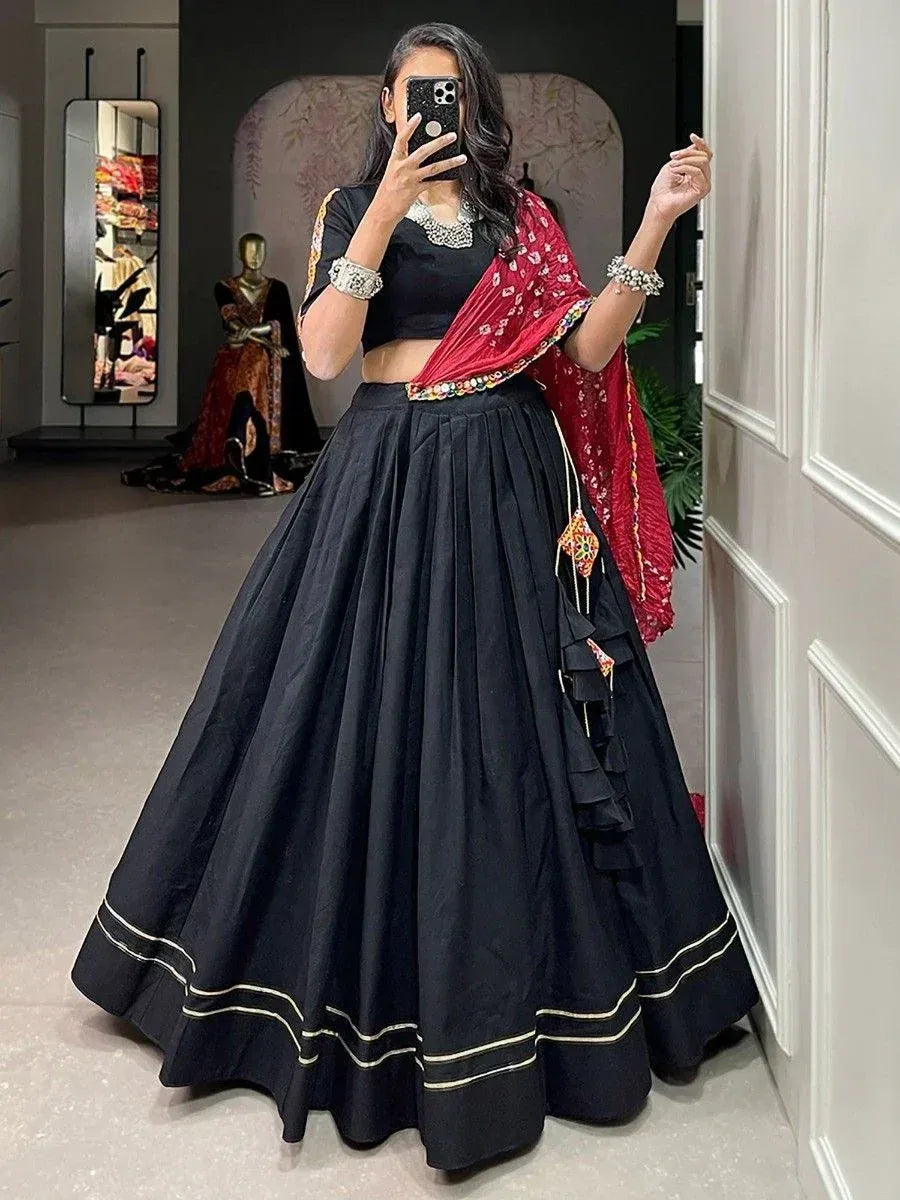 Black lehenga choli with red dupatta, ethnic wear for women, designer Indian outfit