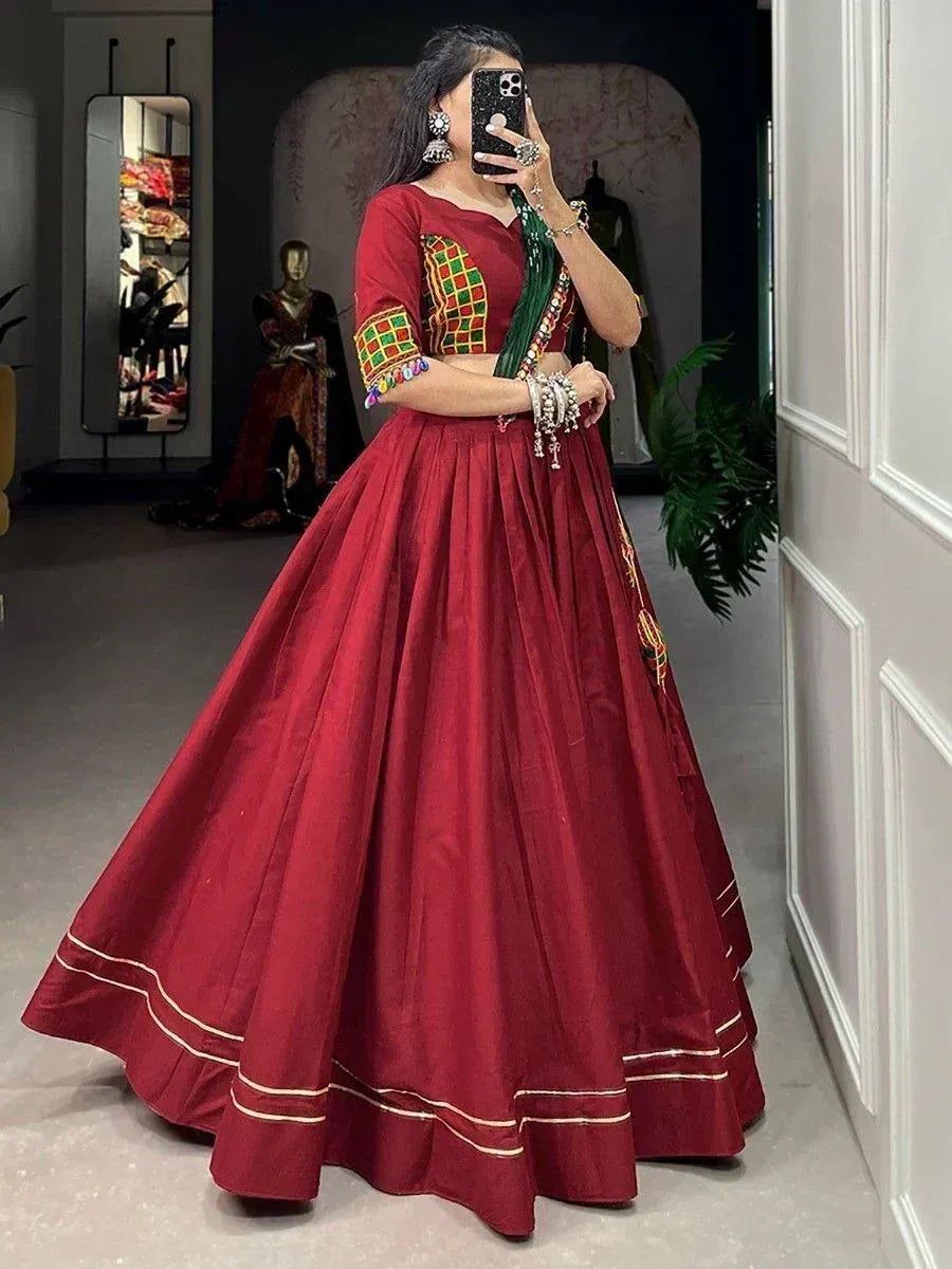 Red embroidered lehenga choli with green dupatta, perfect for Indian ethnic wear occasions
