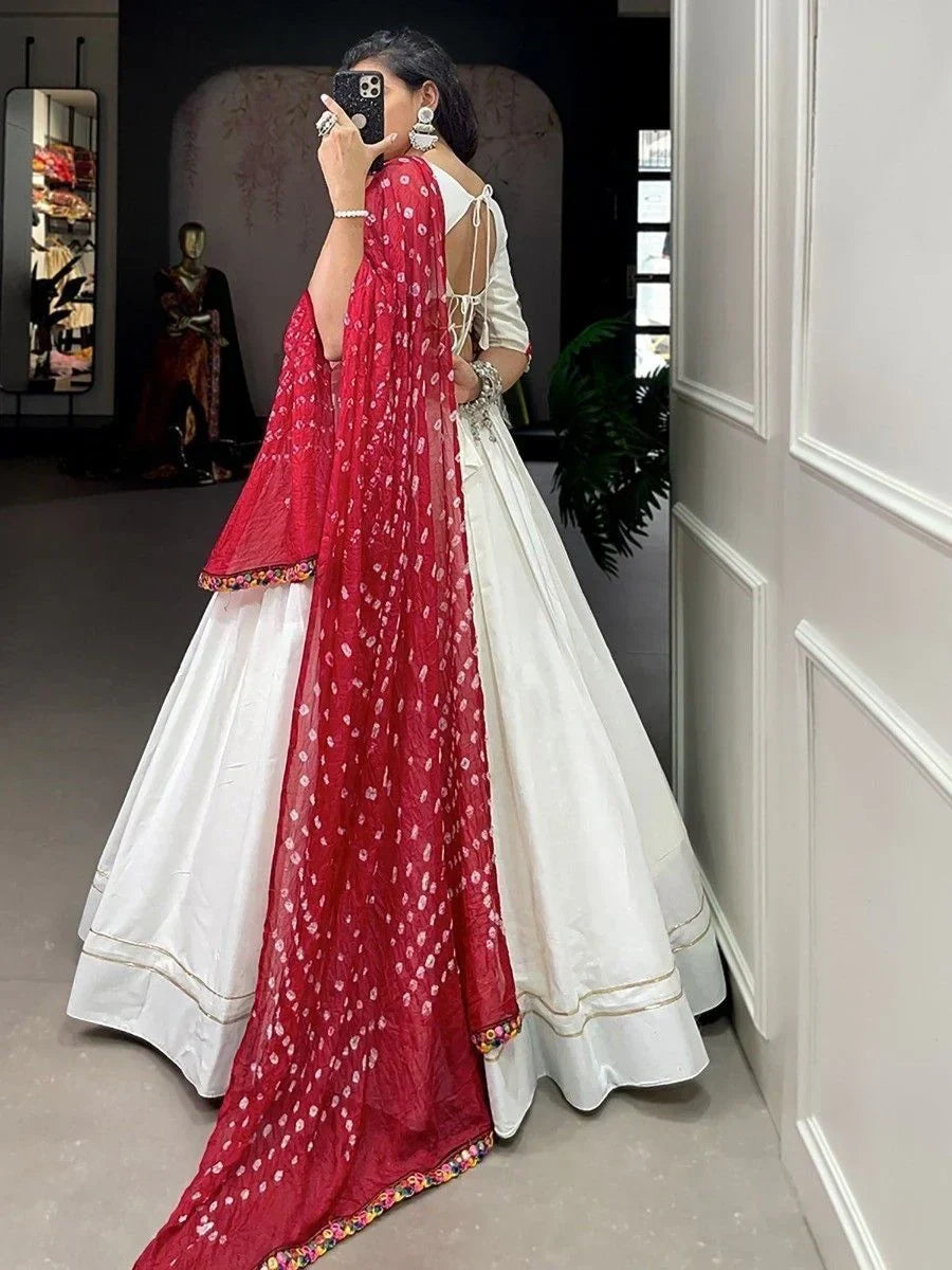 Captivating White Gamthi Work Cotton Lehenga Choli With Dupatta