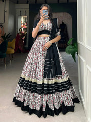 Stunning White Printed Cotton Navratri Wear Lehenga Choli With Dupatta