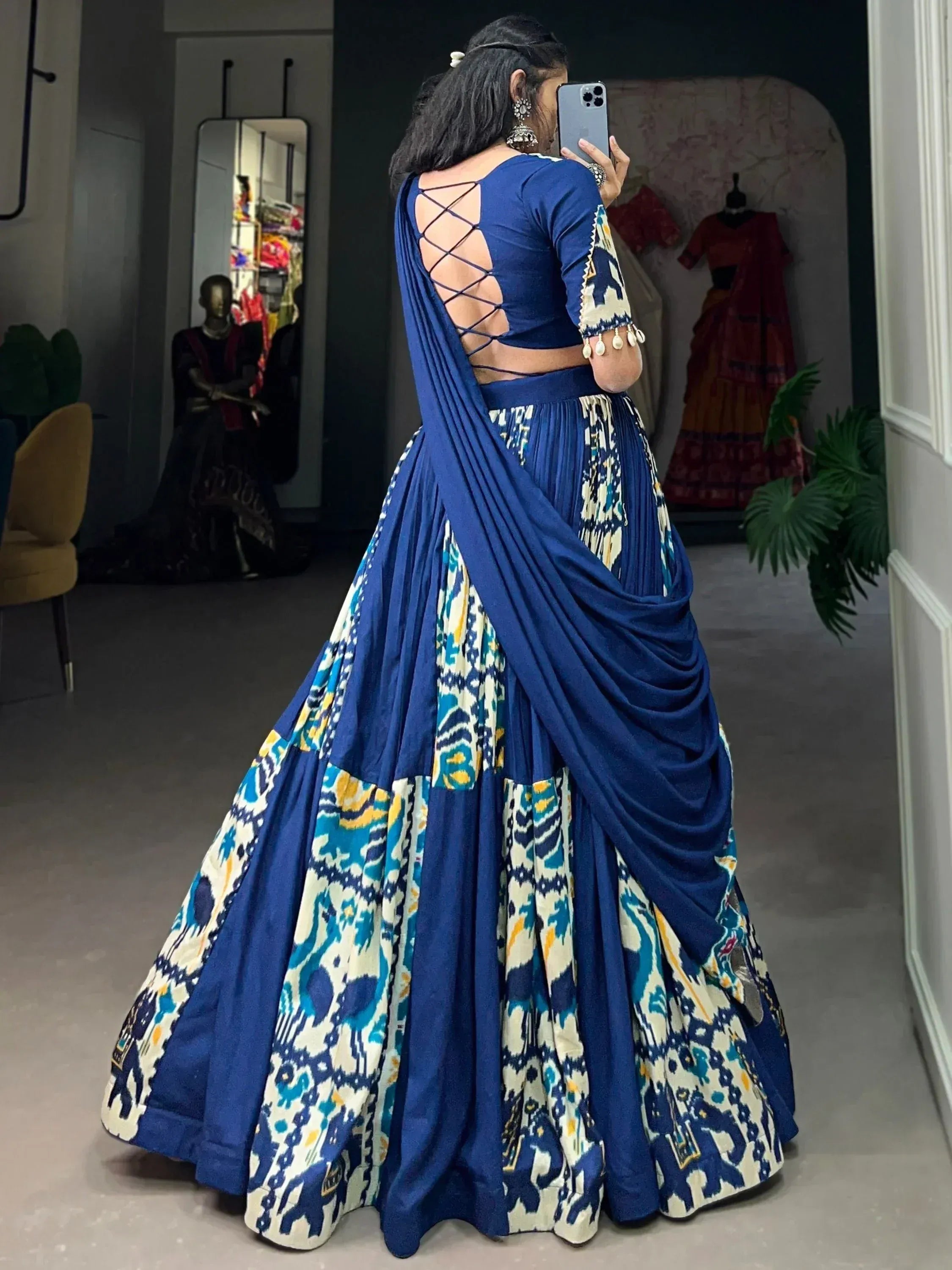 Blue printed lehenga choli with criss-cross back design, ethnic wear for women