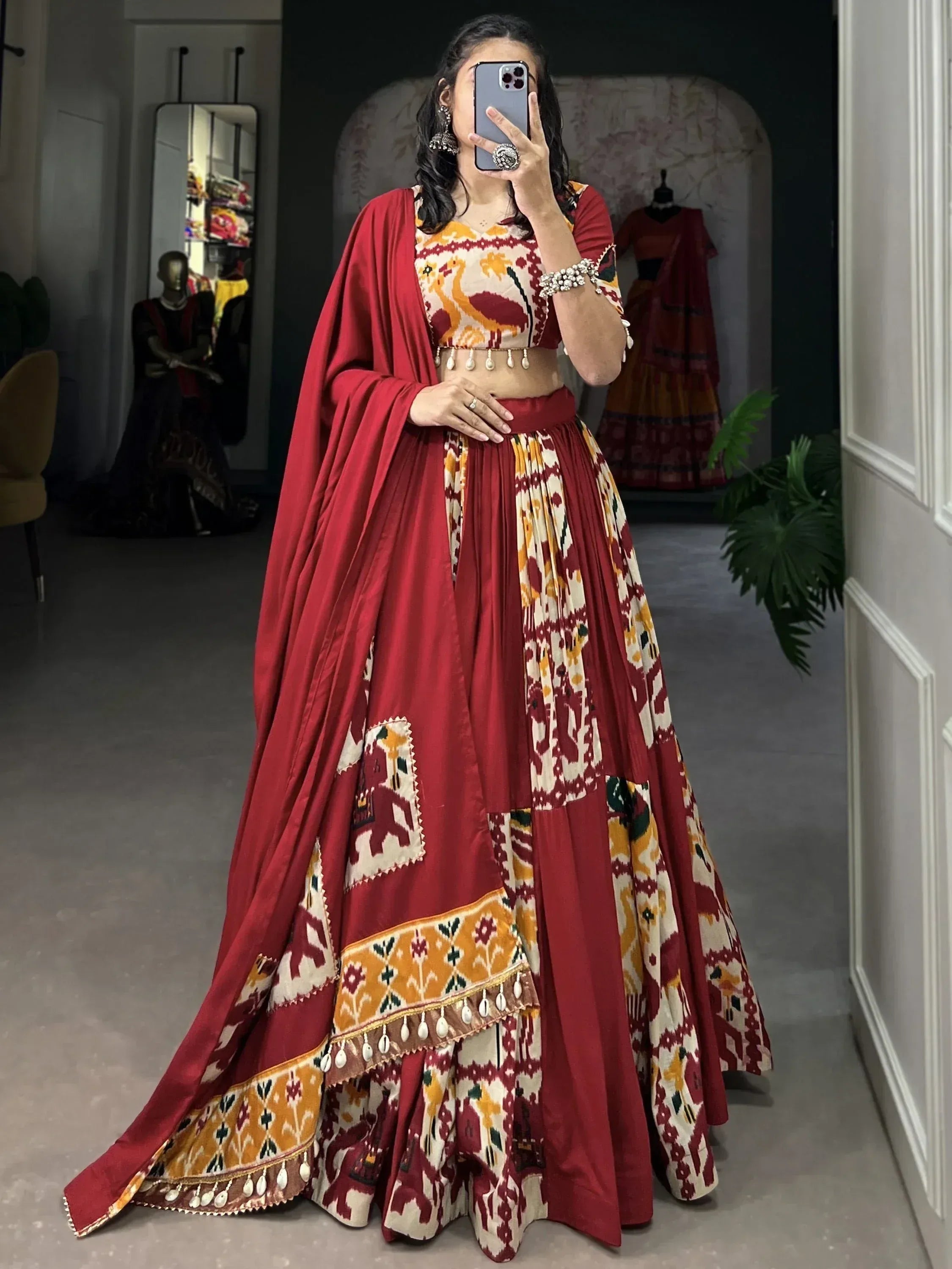 Red and cream ikat print lehenga choli with dupatta, ethnic Indian wear for women