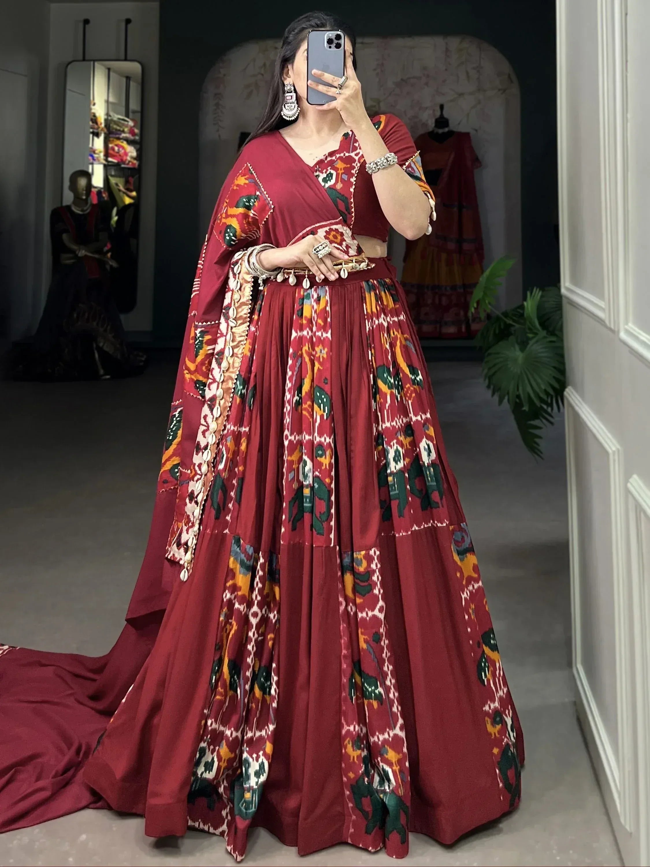 Maroon Ikat lehenga choli with elephant print, ethnic wear for women, designer Indian outfit