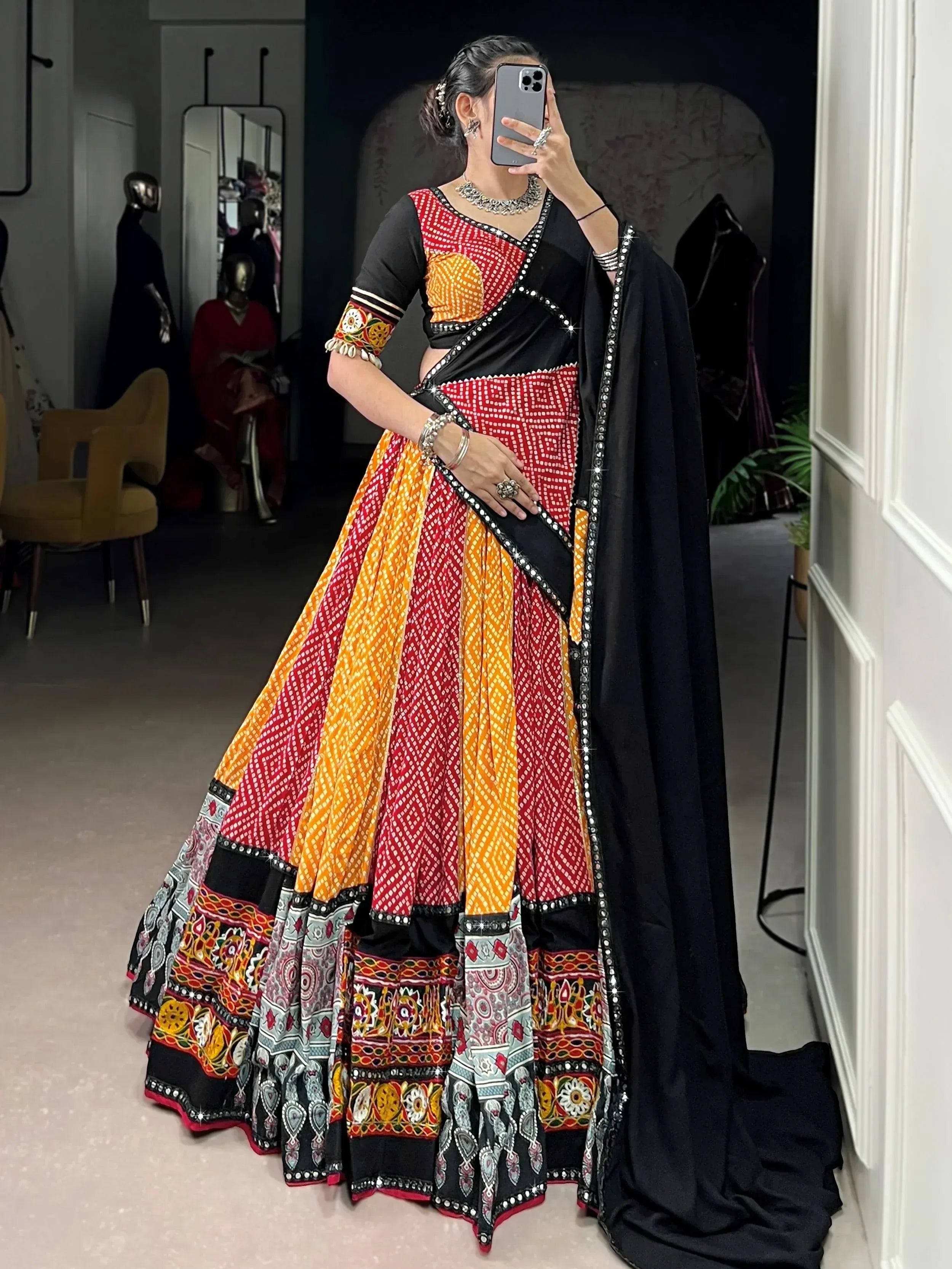 Charming Yellow Rayon Ajarakh Printed Navratri Wear Lehenga Choli