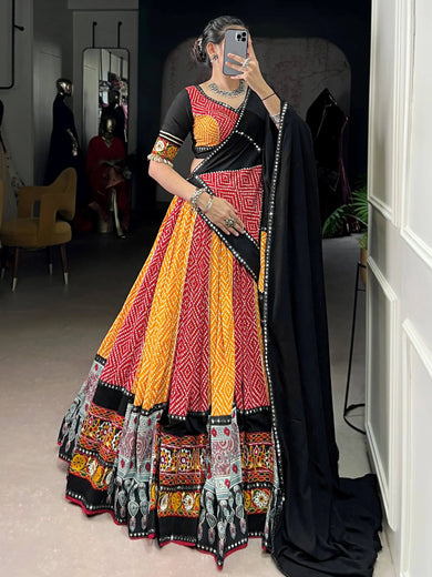 Charming Yellow Rayon Ajarakh Printed Navratri Wear Lehenga Choli