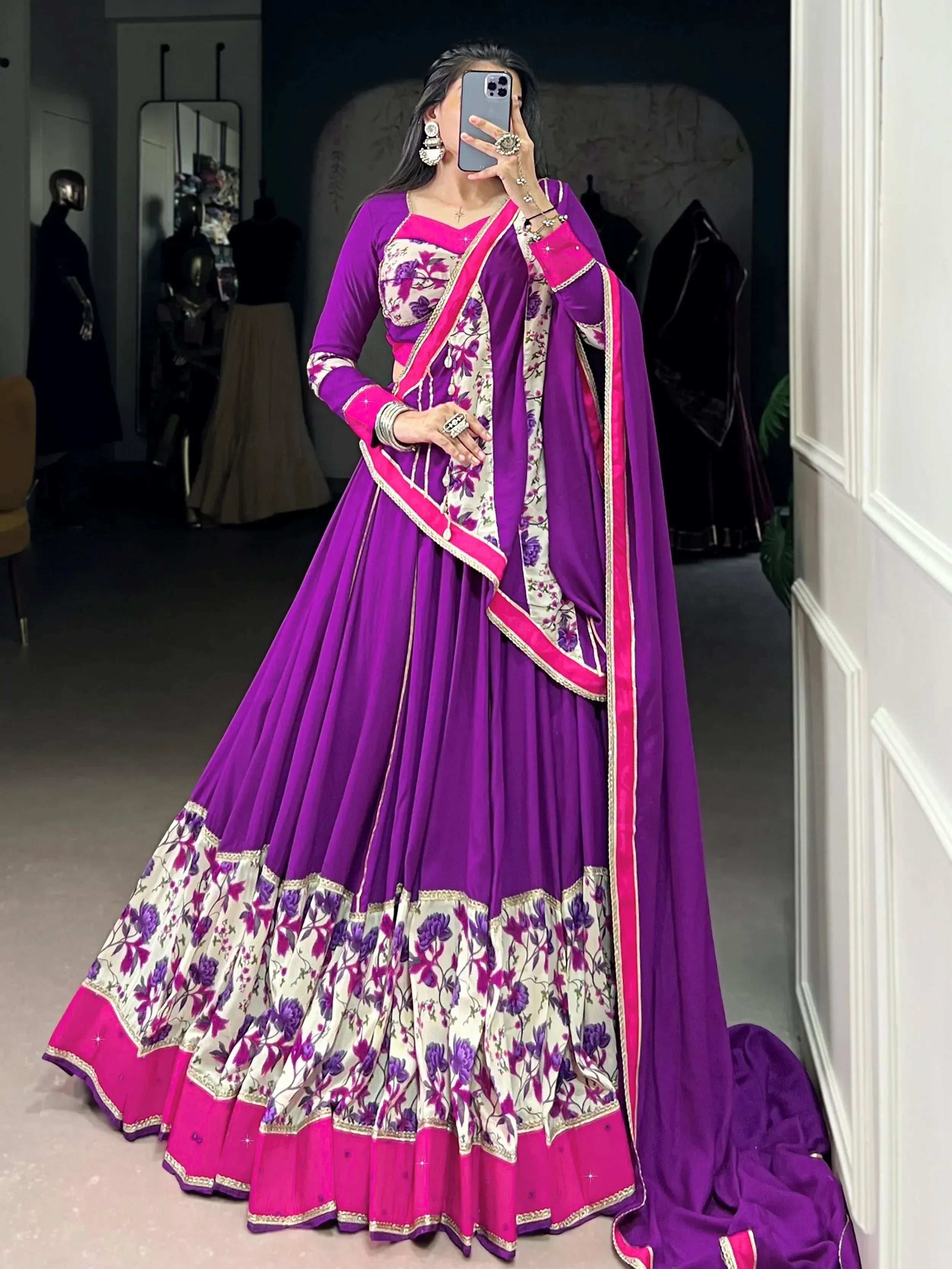 Purple and pink floral lehenga choli with embroidered dupatta, Indian ethnic wear for women