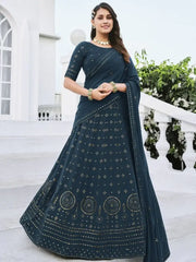 Classy Teal Blue Sequined Georgette Party Wear Lehenga Choli
