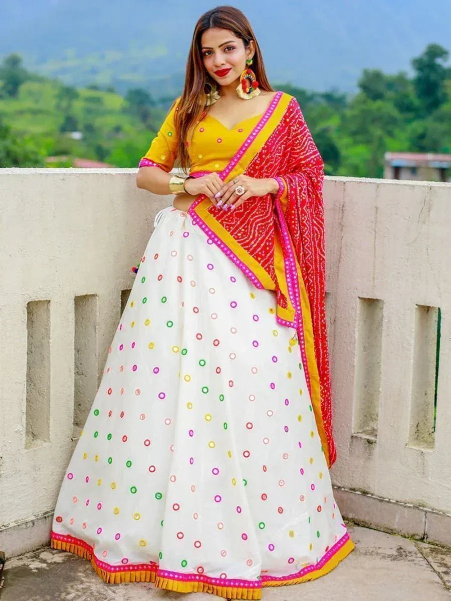 White lehenga with colorful embroidery, yellow blouse, red dupatta - Indian ethnic wear