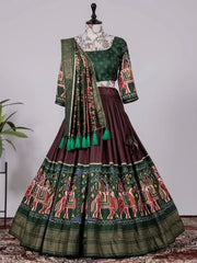 Awesome Brown Dola Silk Patola Print Lehenga For Special Navratri