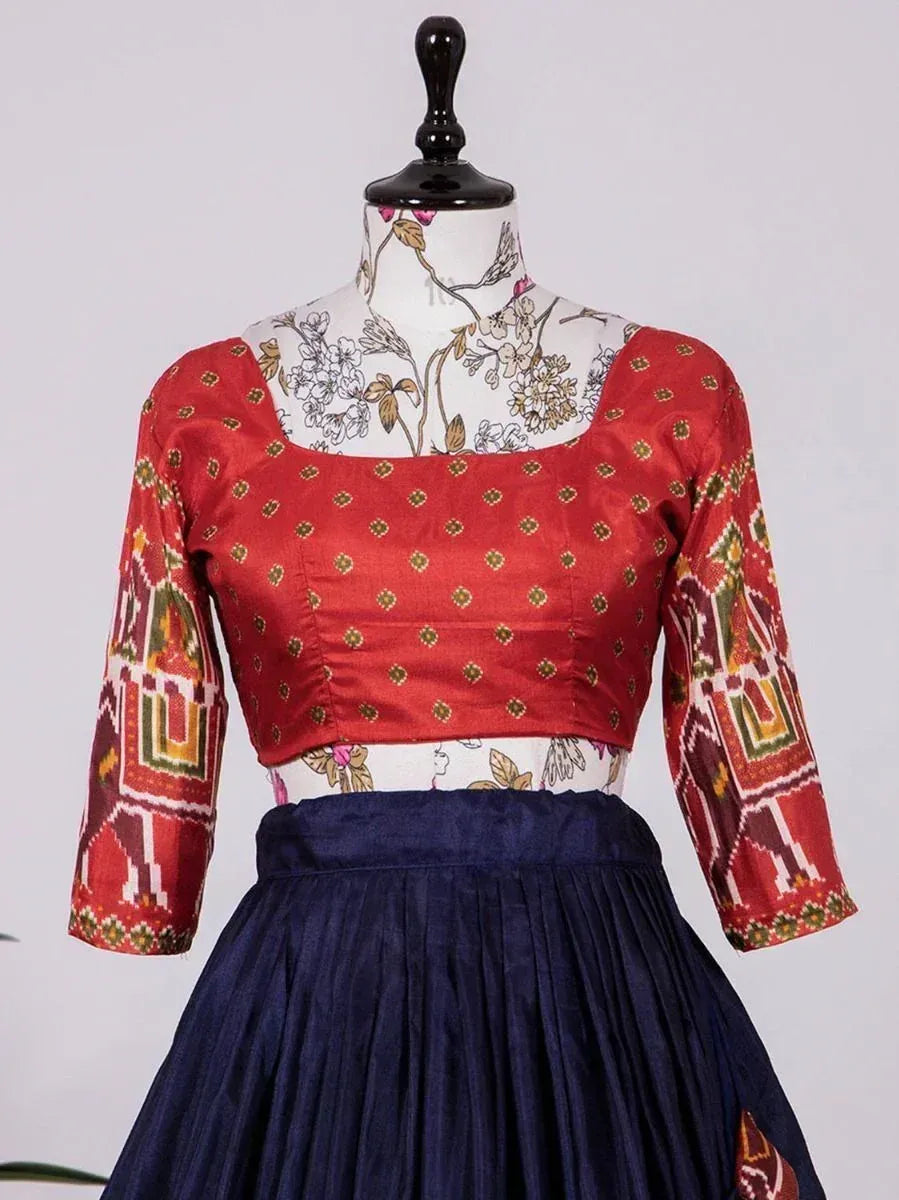 Red printed blouse with navy pleated skirt, ethnic wear for women