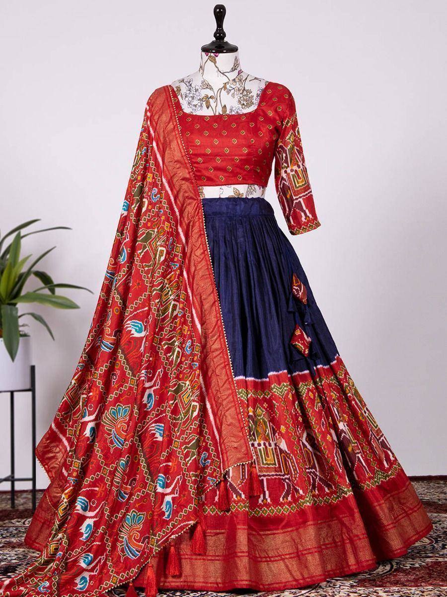 Red and navy blue printed lehenga choli with dupatta, ethnic Indian wear for women