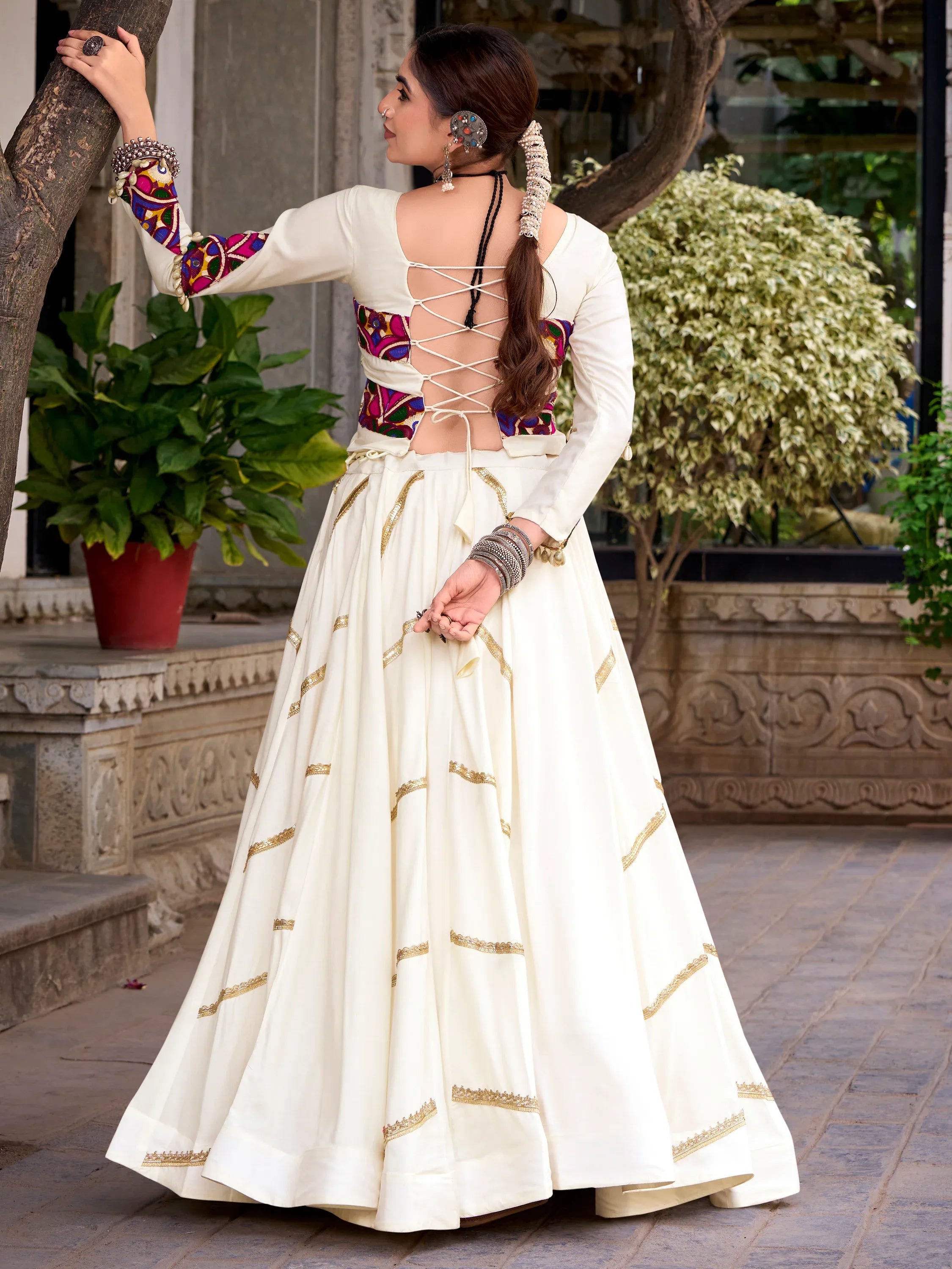 Elegant Off-White Laced Rayon Navratri Wear Lehenga Choli