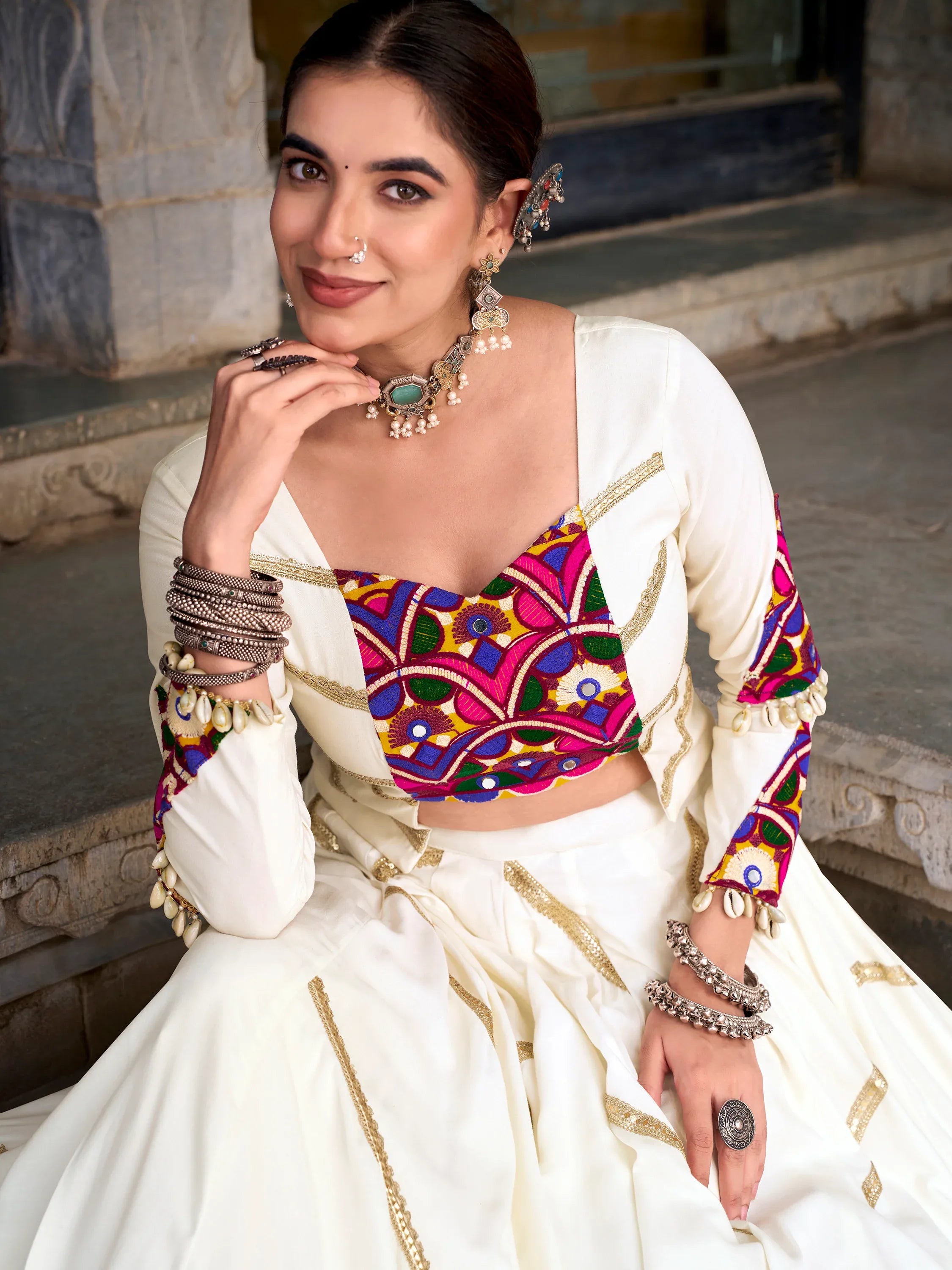 Elegant Off-White Laced Rayon Navratri Wear Lehenga Choli