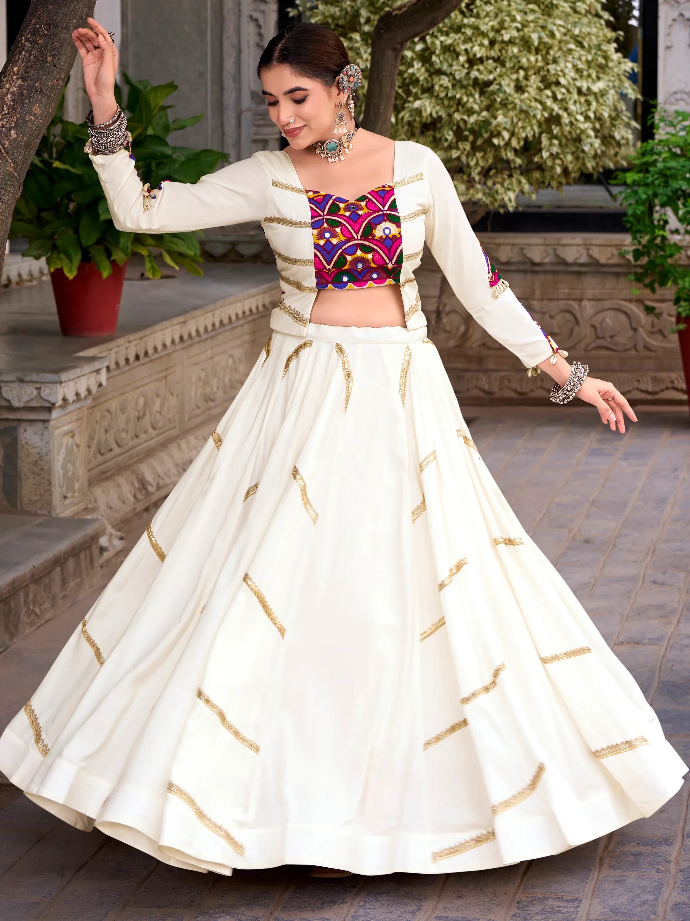 Elegant Off-White Laced Rayon Navratri Wear Lehenga Choli