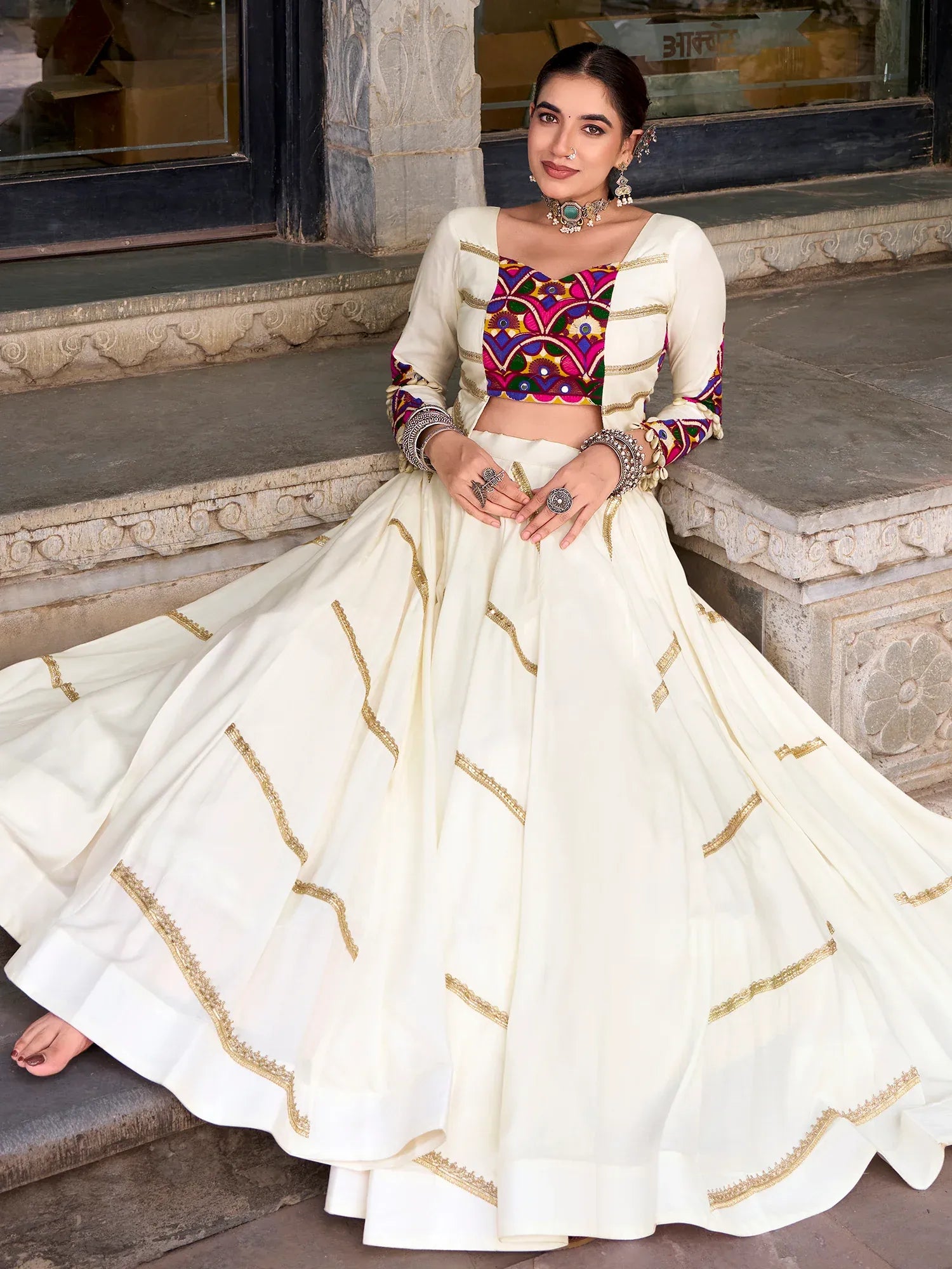 Elegant Off-White Laced Rayon Navratri Wear Lehenga Choli