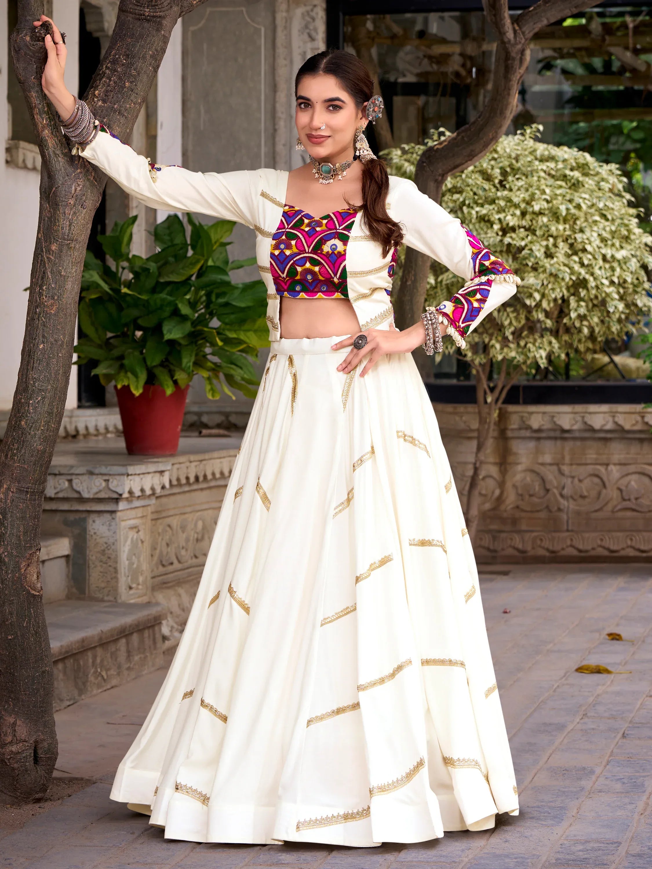 Elegant Off-White Laced Rayon Navratri Wear Lehenga Choli