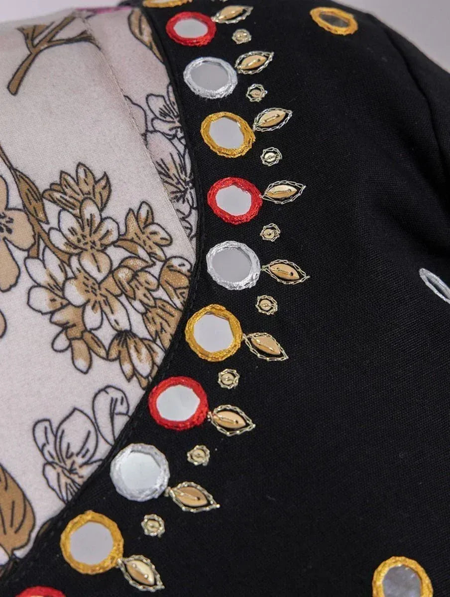 Black and floral ethnic top with mirror and thread embroidery details