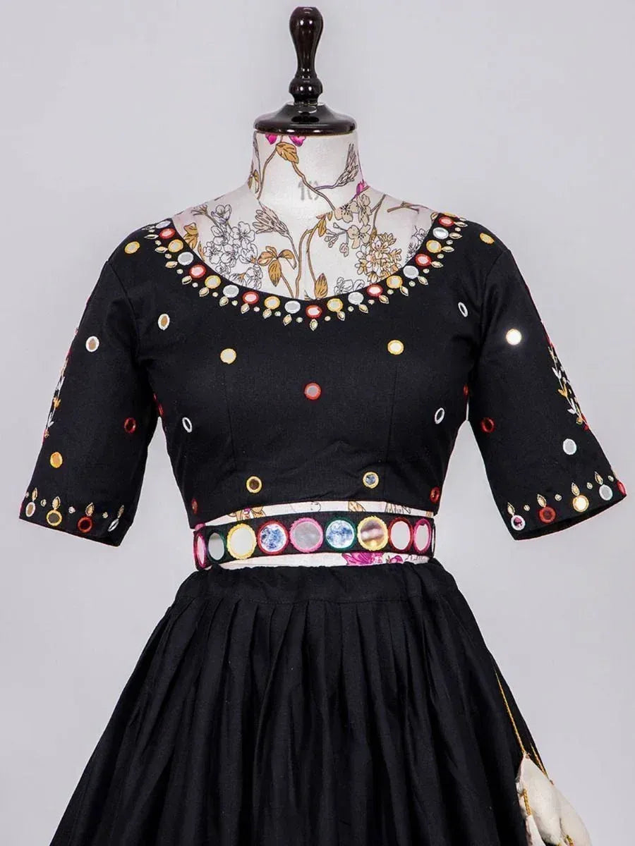 Black ethnic gown with mirror work and floral neckline, perfect for Indian occasions
