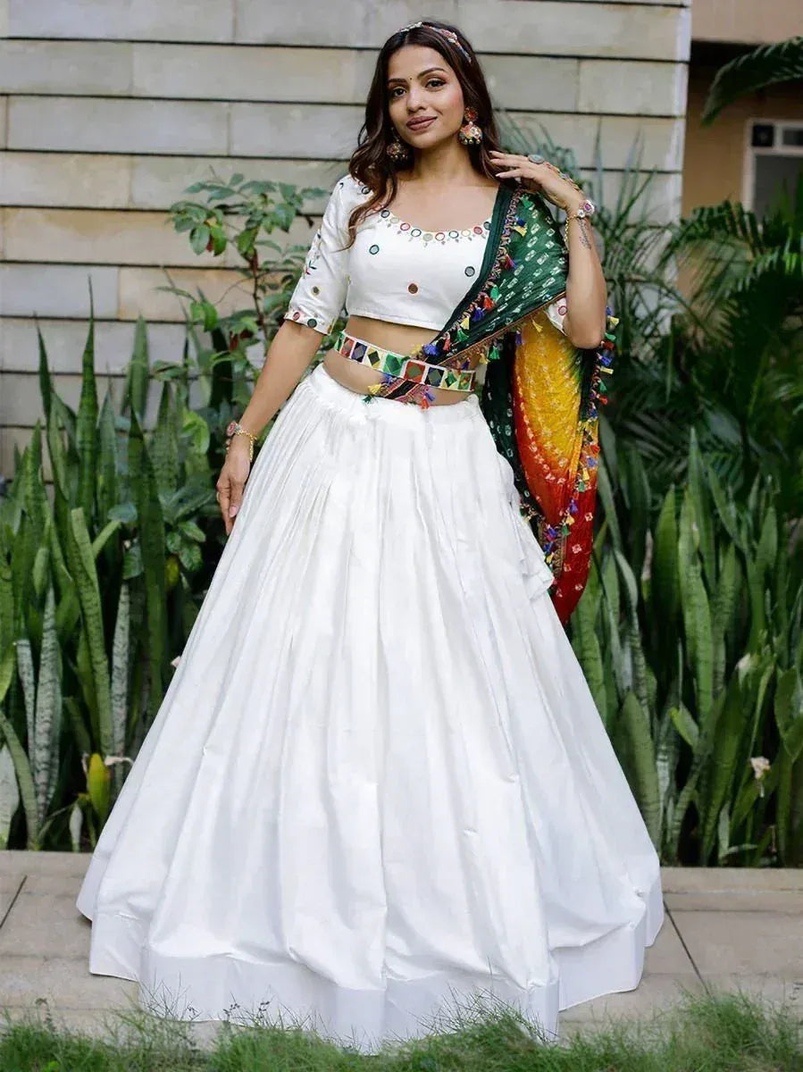 White embroidered lehenga choli with colorful dupatta, perfect for Indian ethnic occasions