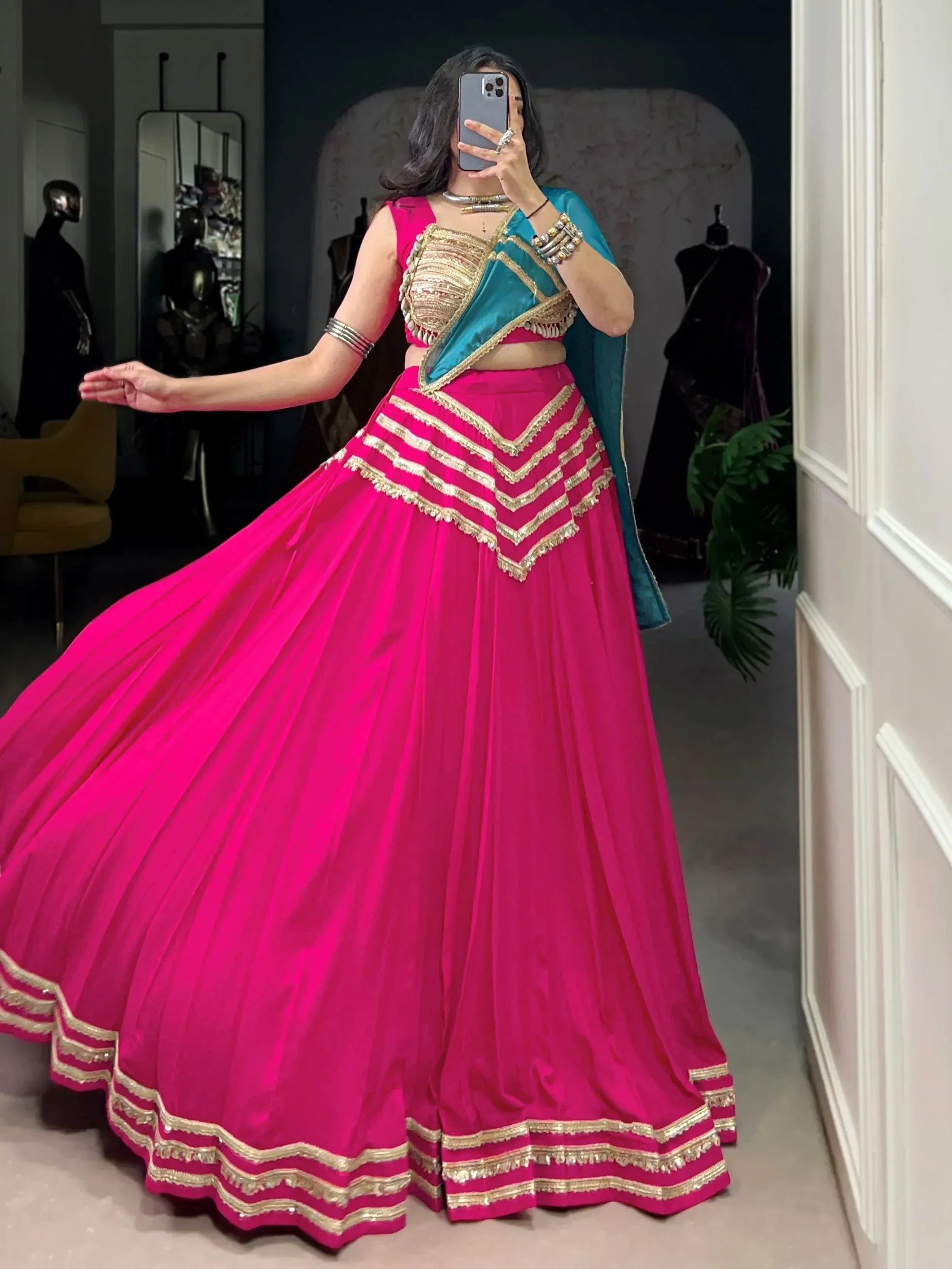 Fuchsia lehenga choli with gold embroidery and teal dupatta, Indian ethnic wear for weddings