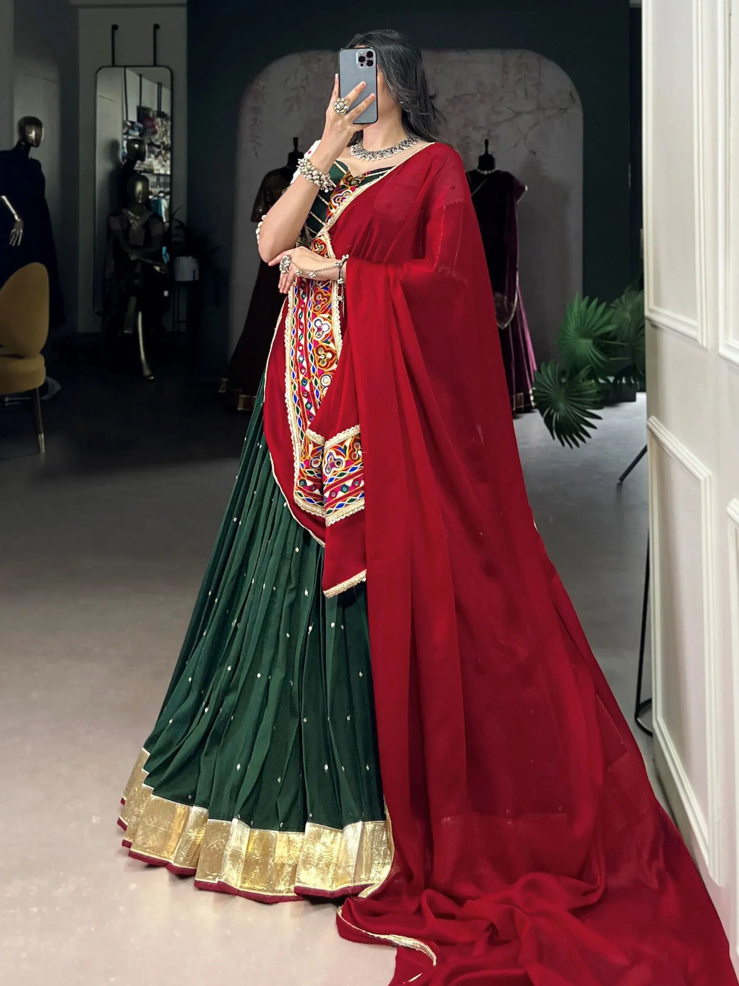 Green and red embroidered lehenga choli with dupatta, Indian ethnic wear for weddings