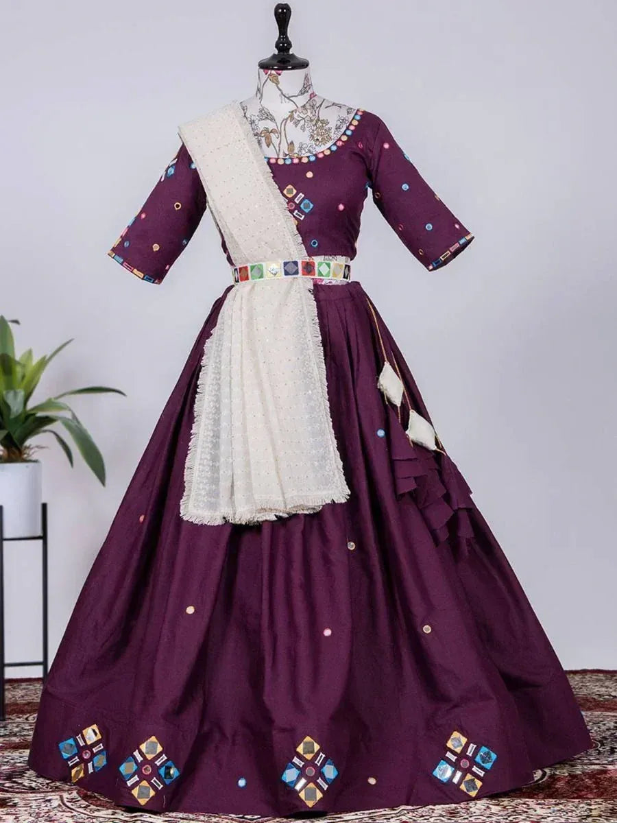 Purple designer lehenga choli with embroidered dupatta and geometric motifs, perfect for ethnic occasions