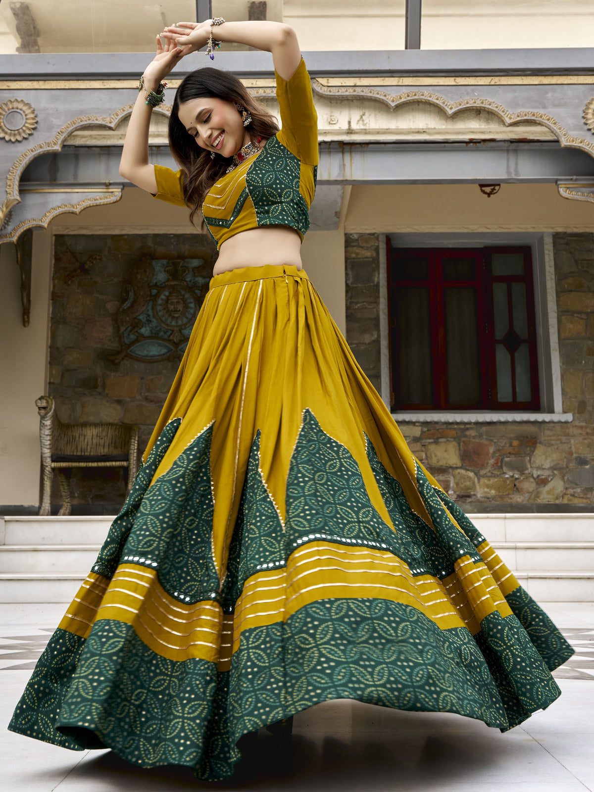 Rich Mustard Yellow Gota Laced Rayon Navratri Wear Lehenga Choli