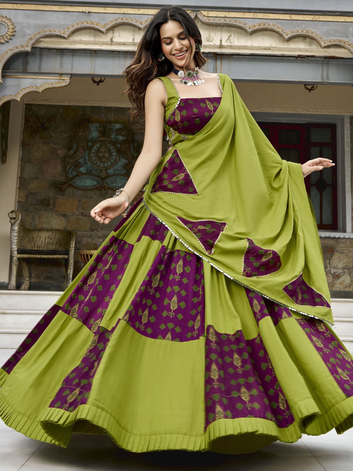 Regal Olive Green Digital Printed Rayon Navratri Wear Lehenga With Blouse