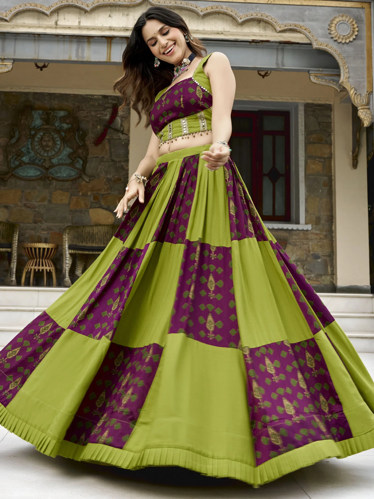Regal Olive Green Digital Printed Rayon Navratri Wear Lehenga With Blouse