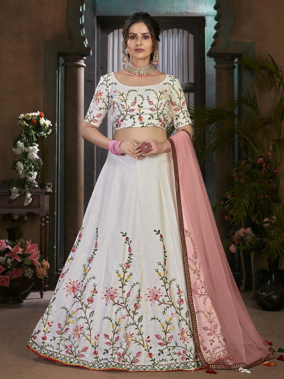 White floral embroidered lehenga choli with pink dupatta, Indian ethnic wear for women