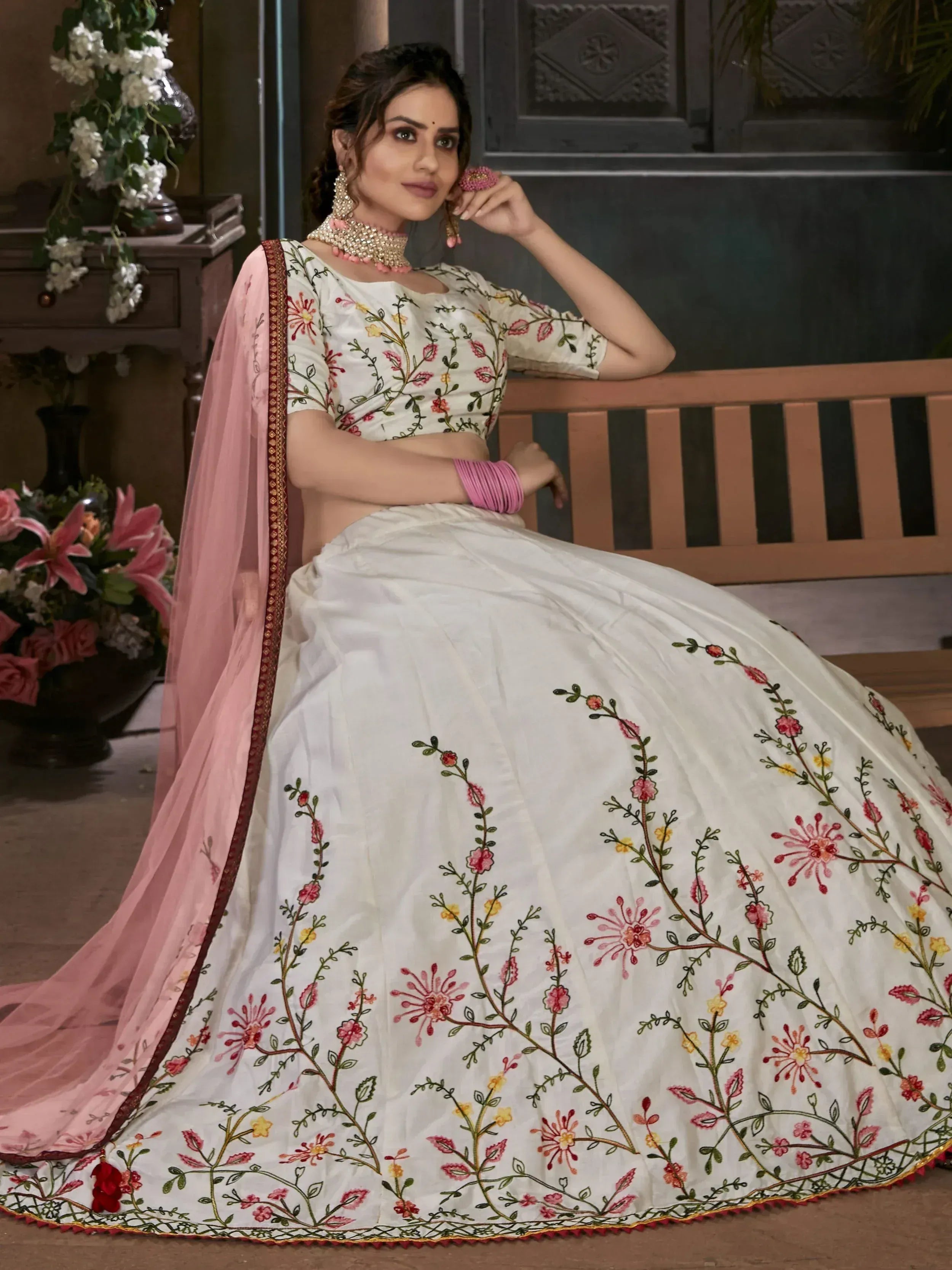 White floral embroidered lehenga choli with pink dupatta, Indian ethnic wear for women