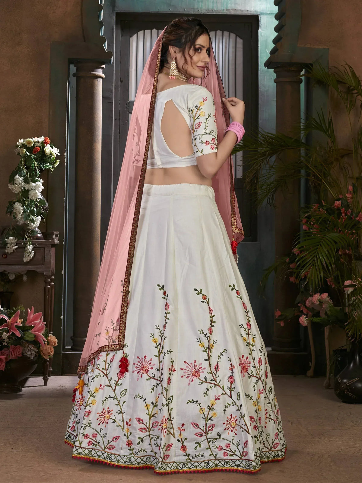 White floral embroidered lehenga choli with pink dupatta, Indian ethnic wear for women