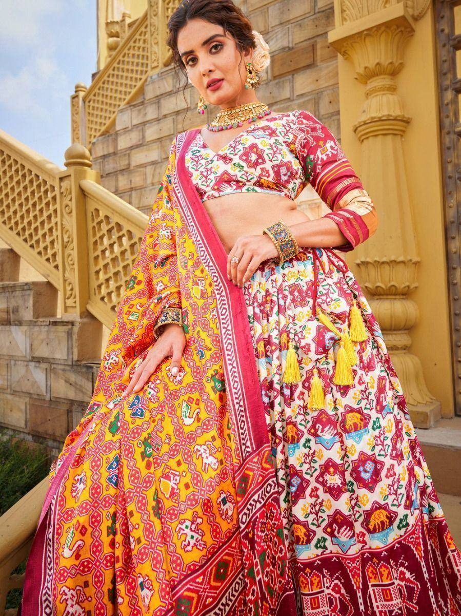 Vibrant printed lehenga choli with elephant motifs, perfect for Indian ethnic wear occasions