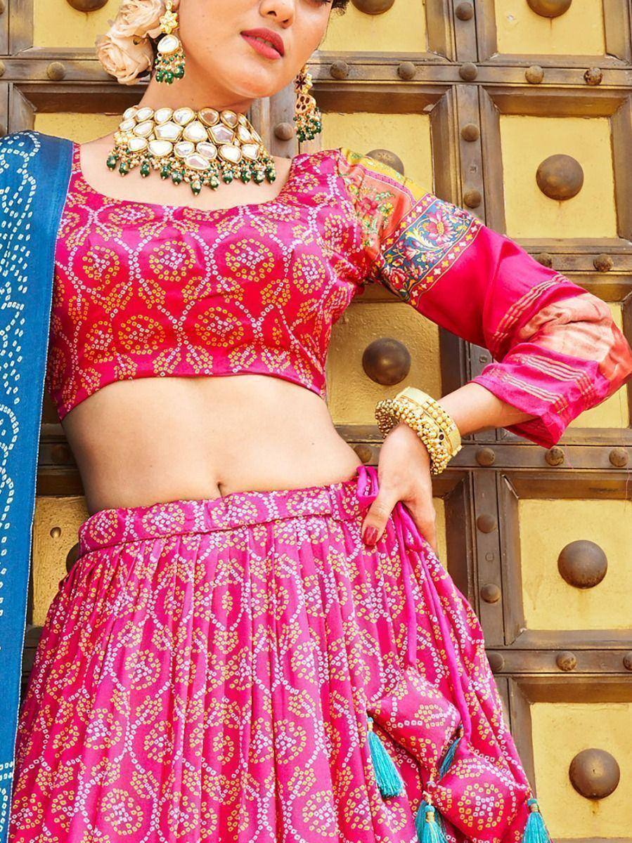 Pink printed lehenga choli with blue dupatta, traditional Indian ethnic wear for women