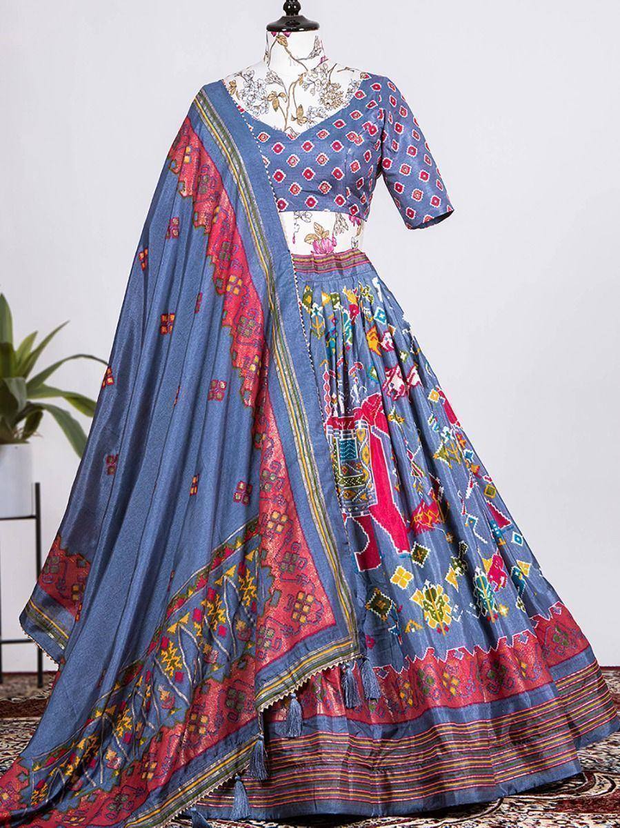 Blue and red printed lehenga choli with dupatta, ethnic Indian wear for women