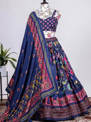 Captivating Navy-Blue Patola Printed Silk Lehenga Choli