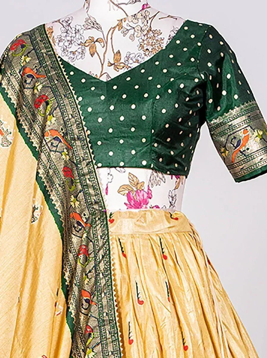 Green polka dot blouse with floral dupatta and yellow lehenga skirt, Indian ethnic wear