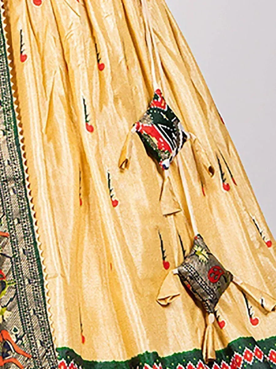 Golden ethnic lehenga with red floral prints and patchwork pockets, perfect for Indian weddings and festivals