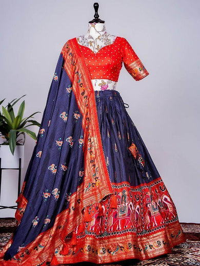 Marvellous Navy-Blue Patola Print Dola Silk Festive Lehenga With Choli