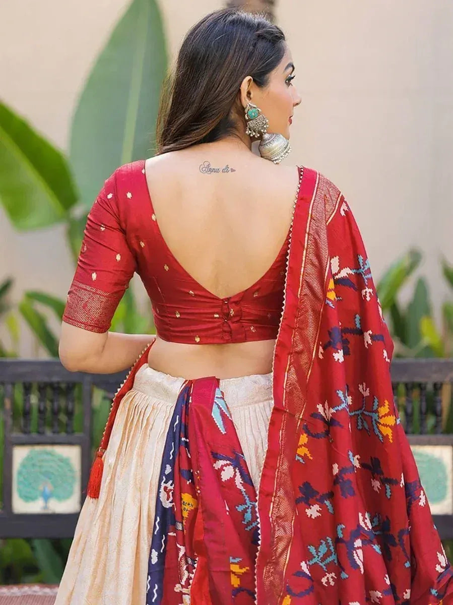 Red floral lehenga choli with backless blouse, ethnic Indian wear for women