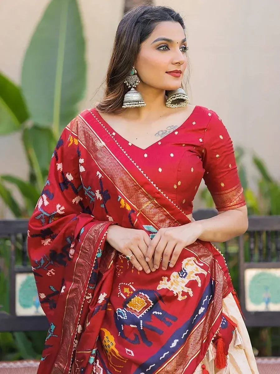 Red printed saree with elephant motifs, ethnic wear for women, designer Indian saree