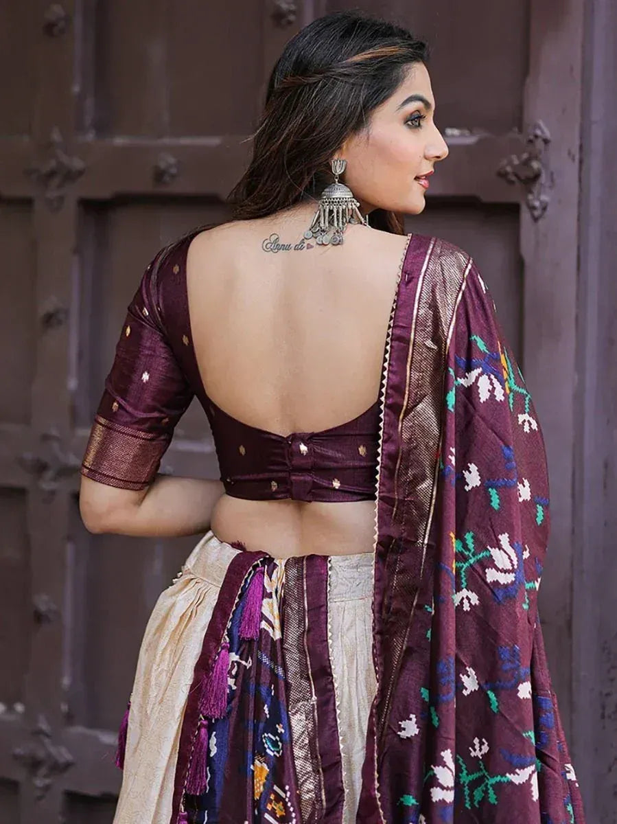 Maroon embroidered lehenga choli with open back blouse and floral dupatta, Indian ethnic wear