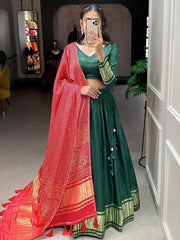Astonishing Green Gaji Silk Lehenga Choli With Bandhani Dupatta
