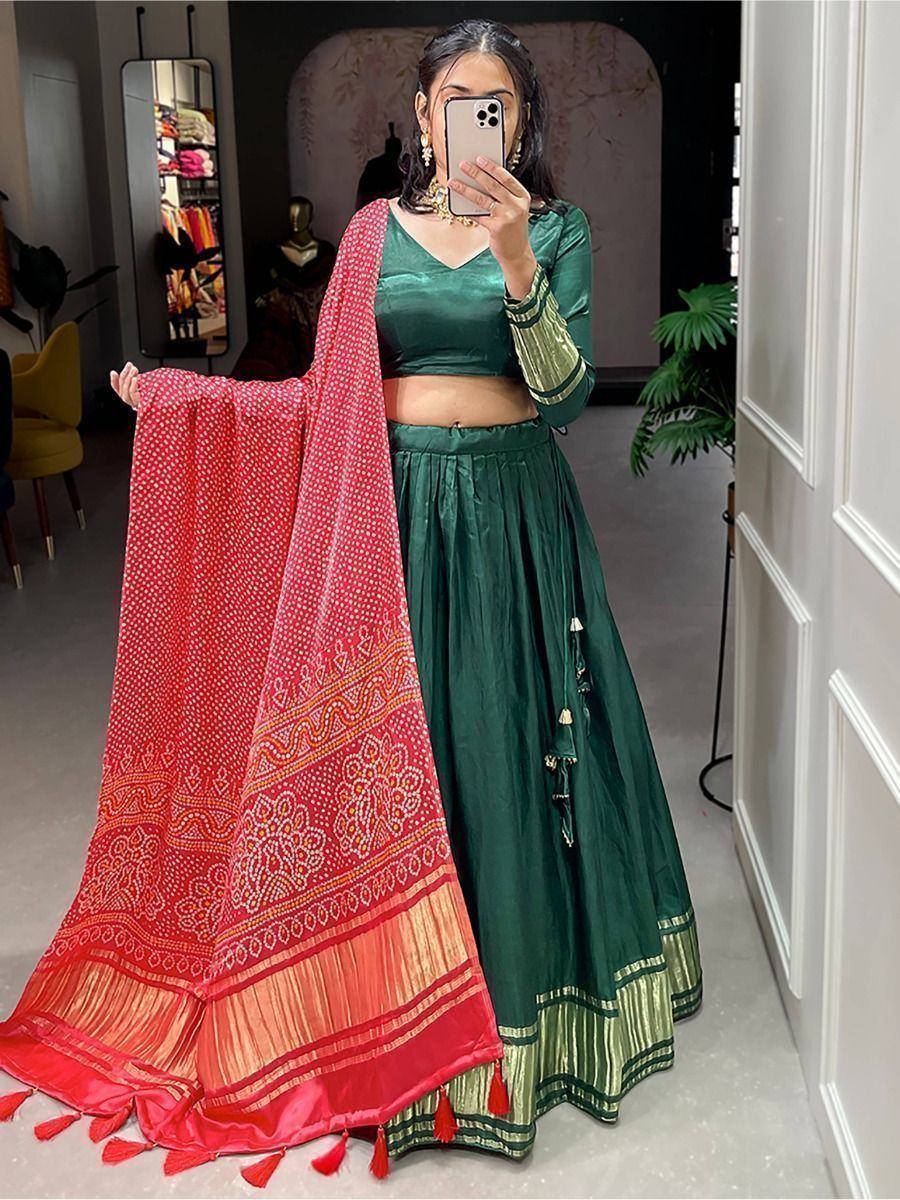 Green lehenga choli with red printed dupatta, ethnic Indian wear for women