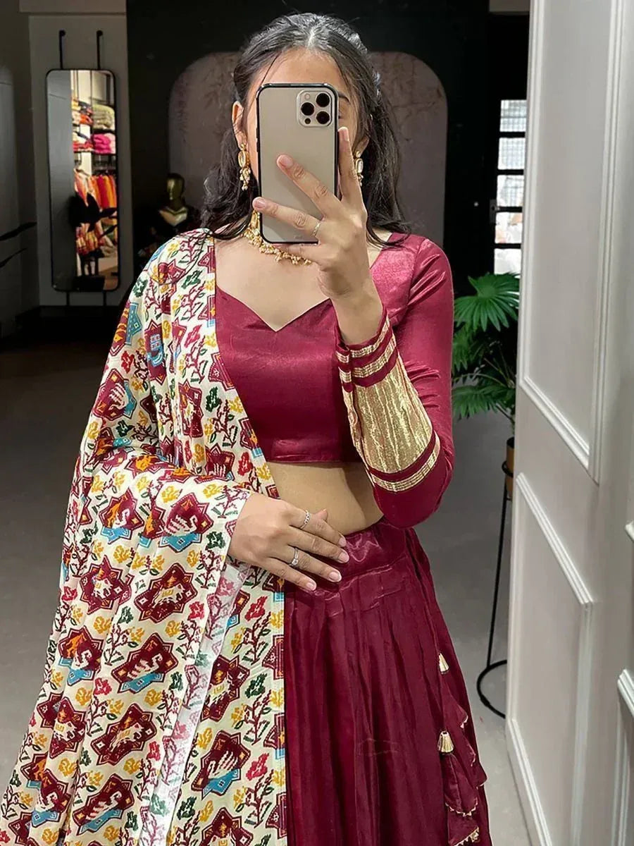Maroon lehenga choli with printed dupatta, ethnic wear for women, designer Indian outfit