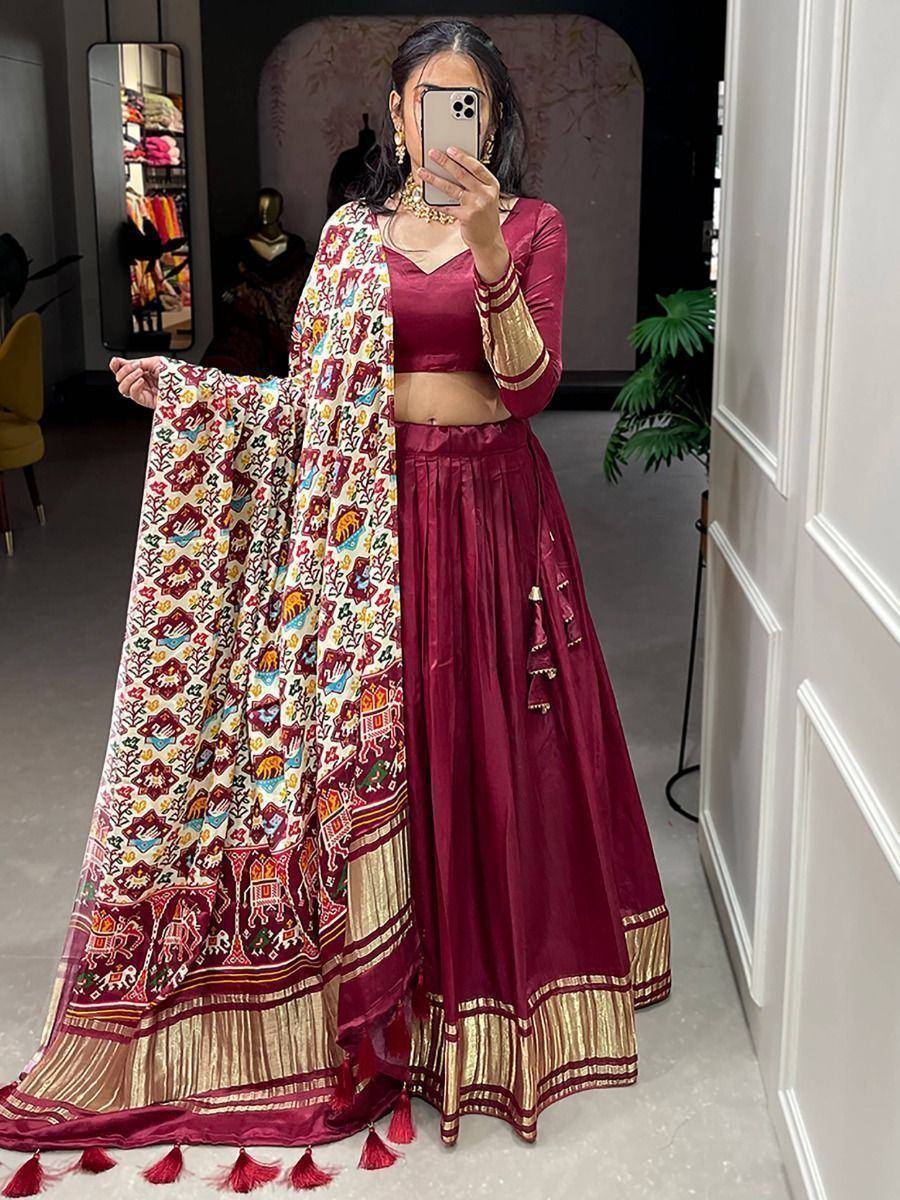 Maroon lehenga choli with printed dupatta, ethnic Indian wear for women
