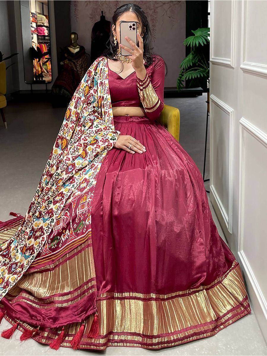 Maroon lehenga choli with printed dupatta, ethnic Indian wear for women