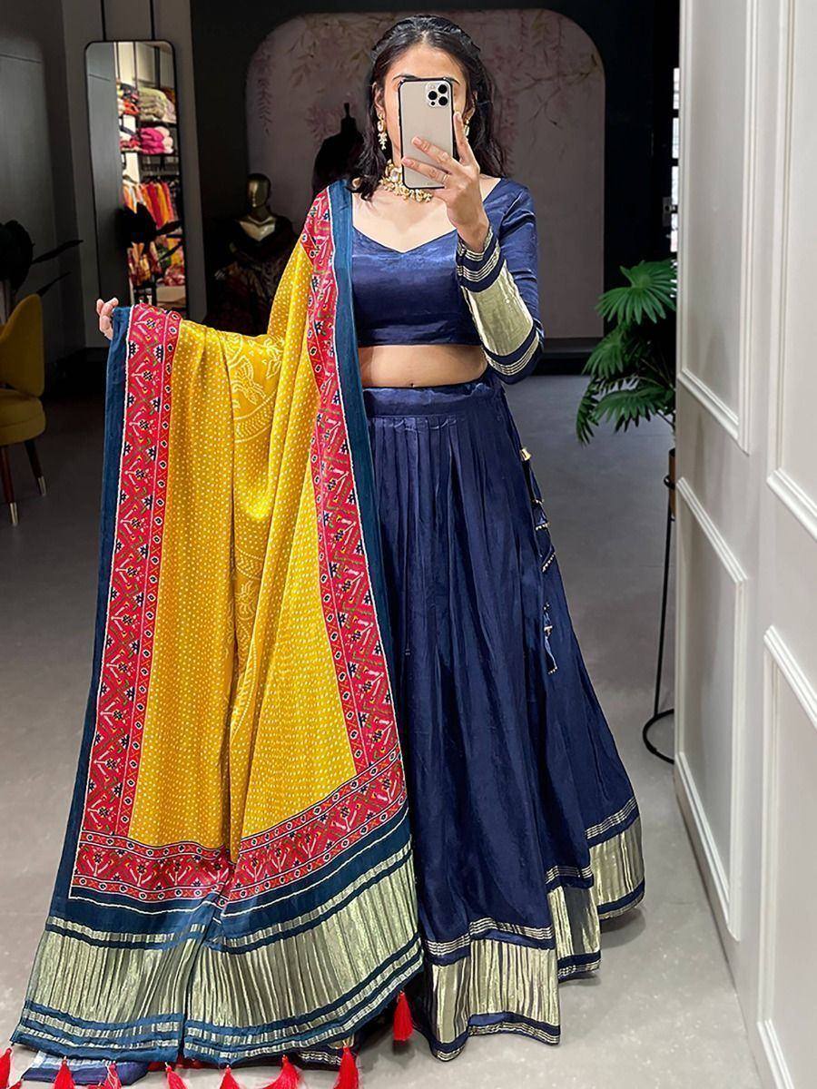 Navy blue lehenga choli with yellow and red dupatta, ethnic Indian wear for women