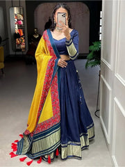 Phenomenal Navy Blue Gaji Silk Lehenga Choli With Bandhani Dupatta