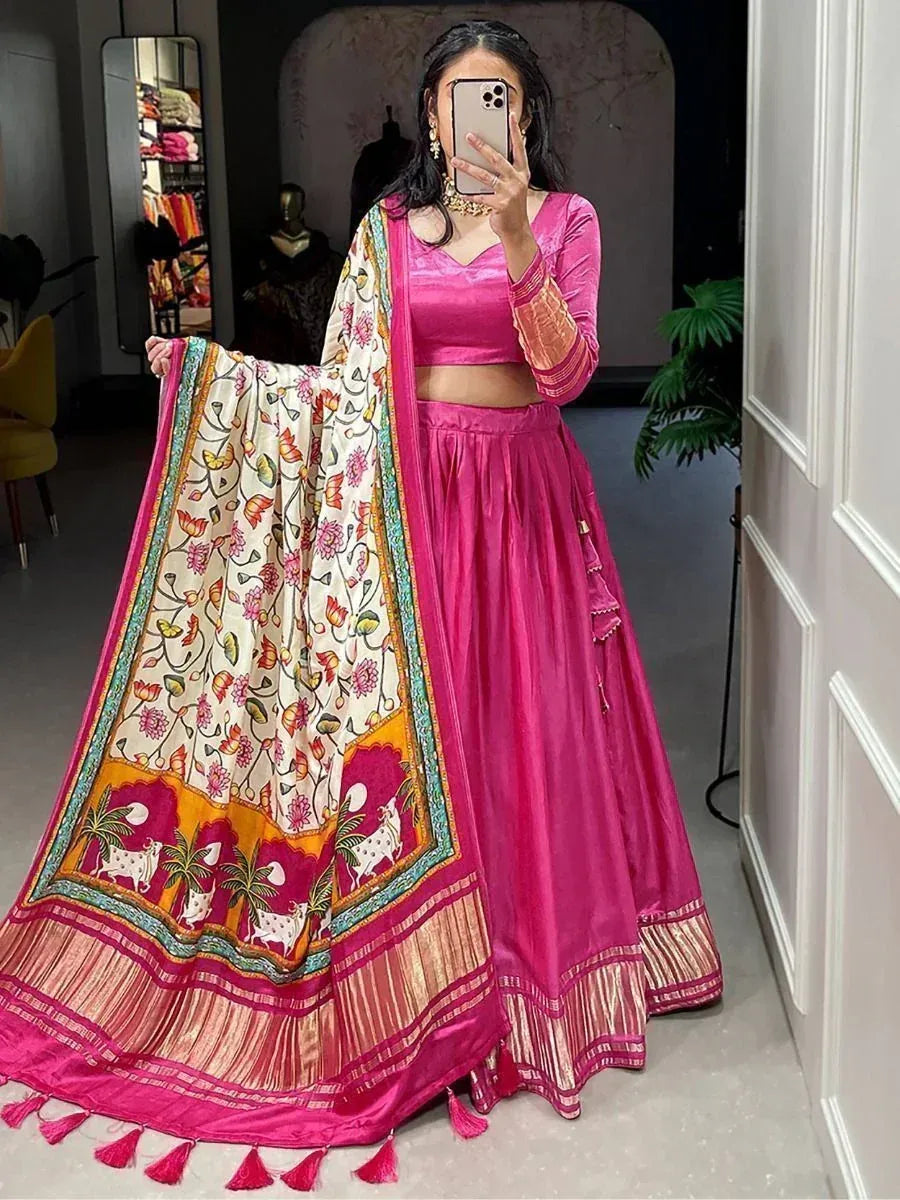 Pink velvet lehenga choli with floral printed dupatta, ethnic Indian wear for women